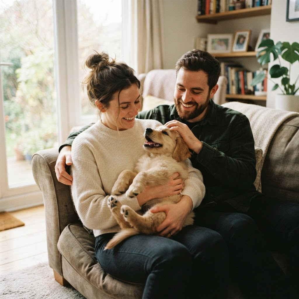 A family gently holding a golden retriever puppy at home